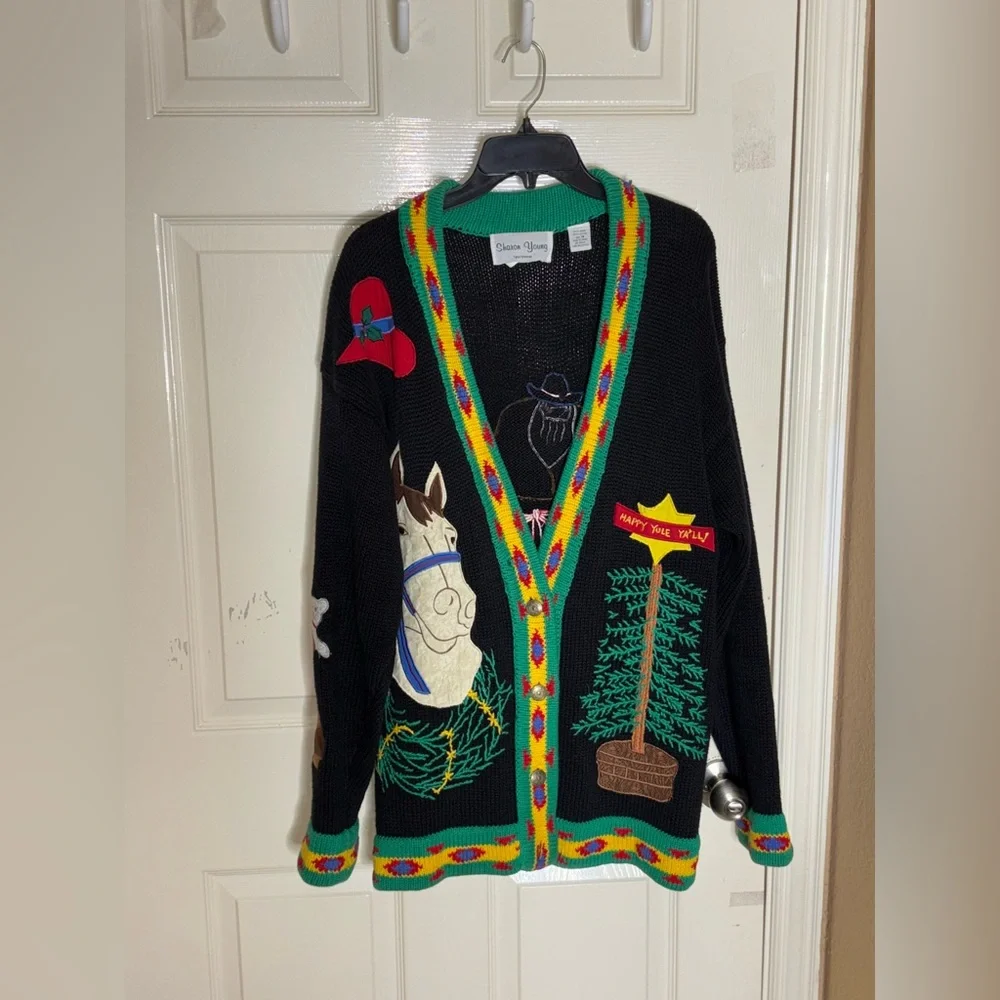 Sharon Young A Yull Yall Vintage holiday/western cardigan Rare find Medium - Picture 10 of 12